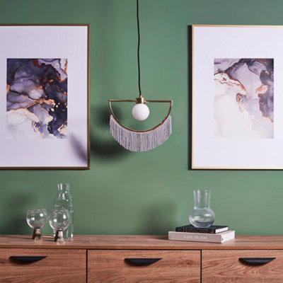 ValueLights Jupiter Brass Semicircle & Grey Tassel Fringe Ceiling Pendant Light with Frosted Globe Shade and LED Bulb