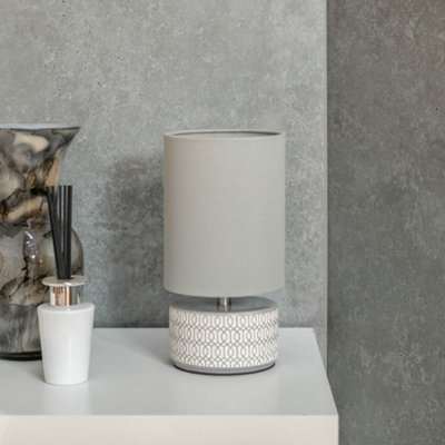 ValueLights Kaia Pair of - Grey and White Etched Ceramic Table Lamps with Fabric Shade - Bulbs Included