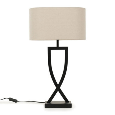 ValueLights Katniss Large Black Metal Bedside Table Lamp with an Oatmeal Oval Fabric Lampshade