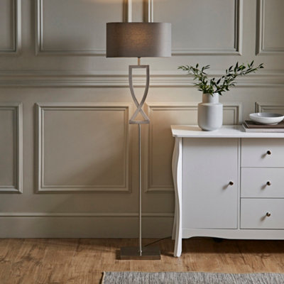 ValueLights Katniss Large Silver Chrome Metal Floor Lamp with a Grey Fabric Oval Lampshade - Bulb Included
