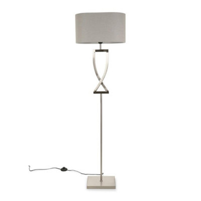 ValueLights Katniss Large Silver Chrome Metal Floor Lamp with a Grey Fabric Oval Lampshade - Bulb Included