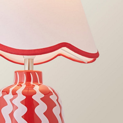 ValueLights Katy Pink and Red Wiggle Stripe Table Lamp with Scallop Shade and Bulb
