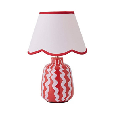 ValueLights Katy Pink and Red Wiggle Stripe Table Lamp with Scallop Shade and Bulb