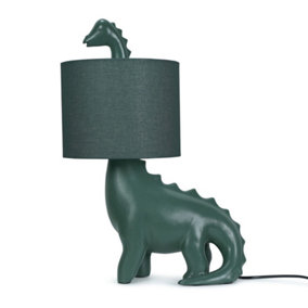 ValueLights Kids Green Dinosaur Bedside Table Lamp with Drum Fabric Shade - Including Bulb