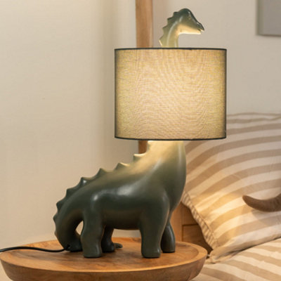 ValueLights Kids Green Dinosaur Bedside Table Lamp with Drum Fabric Shade