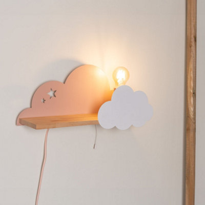ValueLights Kids Pink and White Dinosaur Design Plug in Wall Light with Shelf and Pull Cord Switch