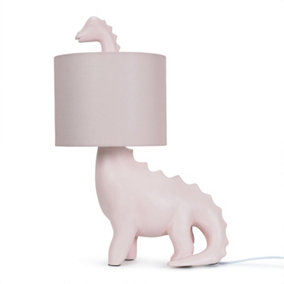 ValueLights Kids Pink Dinosaur Bedside Table Lamp with Drum Fabric Shade - Including Bulb