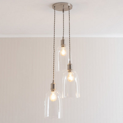 ValueLights Kira Glass Dome 3 Drop Cluster Brushed Chrome Ceiling Pendant Light with Bulbs