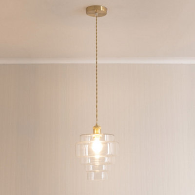 ValueLights Lane Clear Glass 5 Tier Shade Brushed Gold Single Ceiling Pendant Light and Bulb