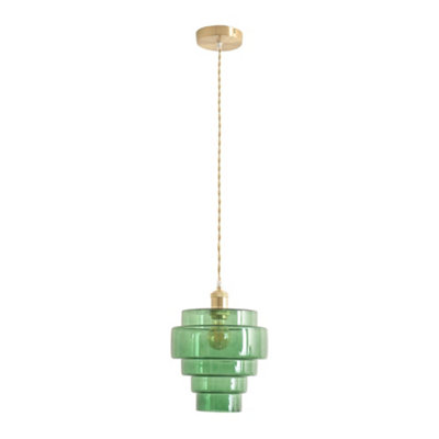 ValueLights Lane Green Glass 5 Tier Layer Shade Brushed Gold Single Ceiling Pendant Light