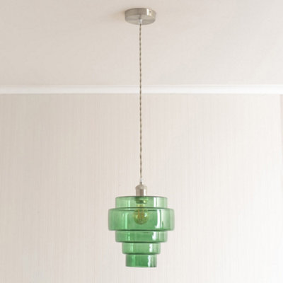 ValueLights Lane Green Glass 5 Tier Shade Brushed Chrome Single Ceiling Pendant Light & Bulb