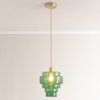 ValueLights Lane Green Glass 5 Tier Shade Brushed Gold Single Ceiling Pendant Light and Bulb