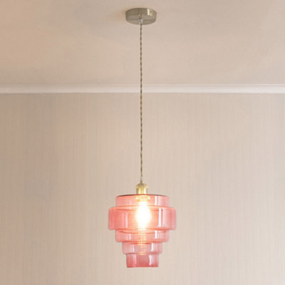 ValueLights Lane Pink Glass 5 Tier Layer Shade Brushed Chrome Single Ceiling Pendant Light