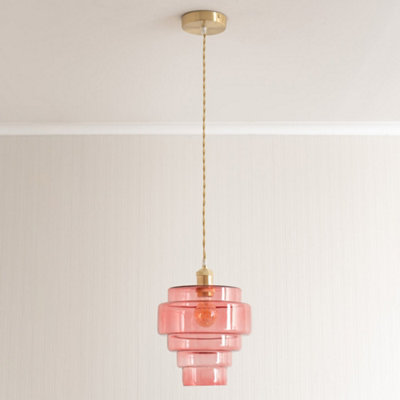 ValueLights Lane Pink Glass 5 Tier Shade Brushed Gold Single Ceiling Pendant Light with Bulb