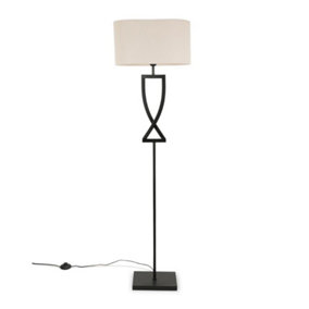 ValueLights Large Black Metal Floor Lamp with an Oatmeal Fabric Oval Lampshade - Bulb Included