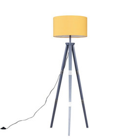 ValueLights Large Grey Wood & Metal Tripod Design Floor Lamp With Mustard Shade Complete With 6w LED GLS Bulb In Warm White