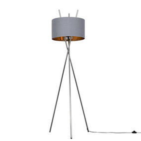 ValueLights Large Modern Chrome Metal Tripod Design Floor Lamp With Grey And Gold Shade