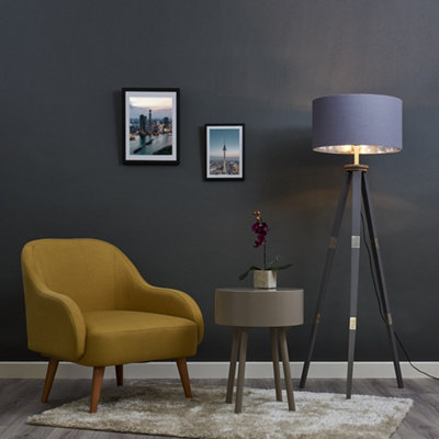 ValueLights Large Modern Grey Wood And Metal Tripod Design Floor Lamp With Grey Chrome Shade