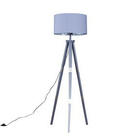 ValueLights Large Modern Grey Wood And Metal Tripod Design Floor Lamp With Grey Chrome Shade