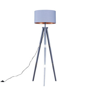 ValueLights Large Modern Grey Wood And Metal Tripod Design Floor Lamp With Grey Copper Shade
