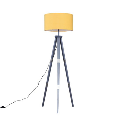 ValueLights Large Modern Grey Wood And Metal Tripod Design Floor Lamp With Mustard Shade