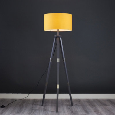 ValueLights Large Modern Grey Wood And Metal Tripod Design Floor Lamp With Mustard Shade