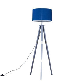 ValueLights Large Modern Grey Wood And Metal Tripod Design Floor Lamp With Navy Blue Shade