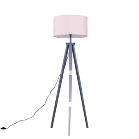 ValueLights Large Modern Grey Wood And Metal Tripod Design Floor Lamp With Pink Shade