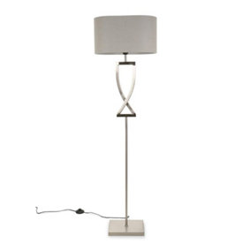 ValueLights Large Silver Chrome Metal Floor Lamp with a Grey Fabric Oval Lampshade - Bulb Included