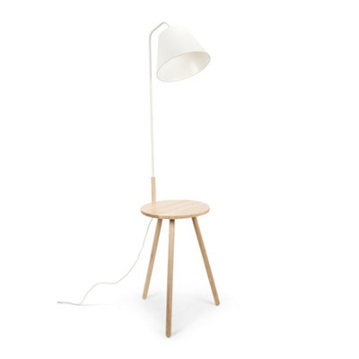 ValueLights Large Wooden Floor Lamp with Fabric Tapered Shade and Coffee Table - Bulb Included
