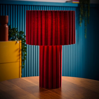 ValueLights Lenny Burgundy Wine Drum Lamp Shade Ribbed Full Fabric Table Lamp with LED Bulb