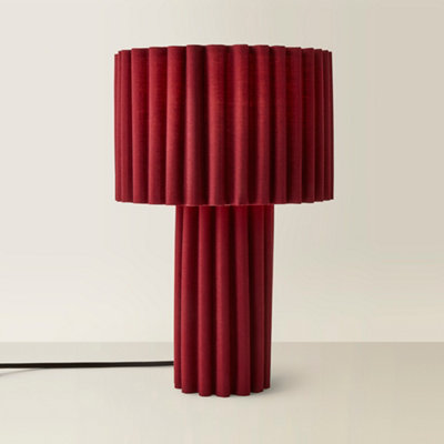 ValueLights Lenny Burgundy Wine Drum Lamp Shade Ribbed Full Fabric Table Lamp with LED Bulb