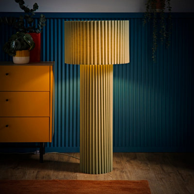ValueLights Lenny Moss Green Drum Lamp Shade Ribbed Fabric Midi Floor Lamp with LED Bulb