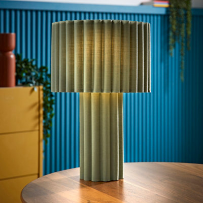 ValueLights Lenny Moss Green Drum Lamp Shade Ribbed Full Fabric Table Lamp with LED Bulb