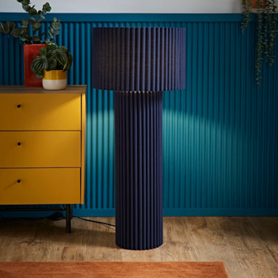 ValueLights Lenny Navy Blue Drum Lamp Shade Ribbed Fabric Midi Floor Lamp with LED Bulb