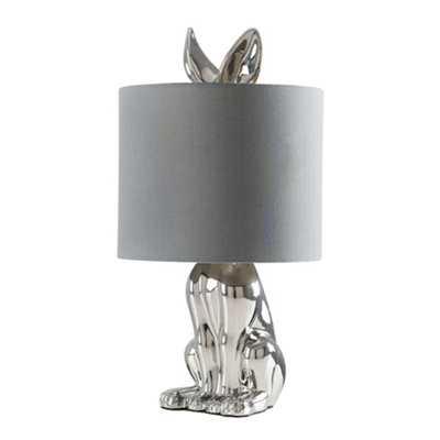 ValueLights Lepus Modern Chrome Ceramic Rabbit Hare Animal Table Lamp with Grey Shade