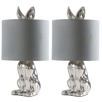 ValueLights Lepus Pair of Modern Chrome Ceramic Rabbit Hare Table Lamps with Grey Shades