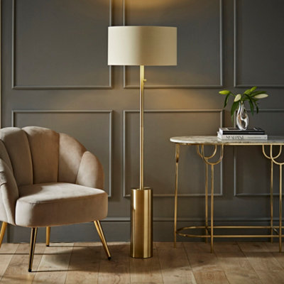 ValueLights Lexy Antique Brass Rotary Dimmer Switch Floor Lamp with Beige/Gold Shade - LED Bulb Included