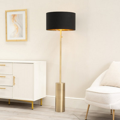 ValueLights Lexy Antique Brass Rotary Dimmer Switch Floor Lamp with Black/Gold Shade - LED Bulb Included