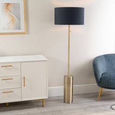 ValueLights Lexy Antique Brass Rotary Dimmer Switch Floor Lamp with Navy Blue Drum Shade - LED Bulb Included