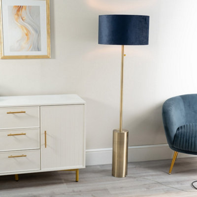 ValueLights Lexy Antique Brass Rotary Dimmer Switch Floor Lamp with Navy Blue Velvet Shade - LED Bulb Included
