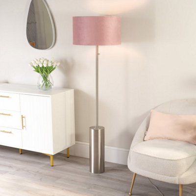ValueLights Lexy Brushed Chrome Rotary Dimmer Switch Floor Lamp with Blush Pink Velvet Shade - LED Bulb Included