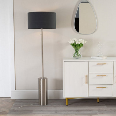 ValueLights Lexy Brushed Chrome Rotary Dimmer Switch Floor Lamp with Charcoal Grey Drum Shade - LED Bulb Included