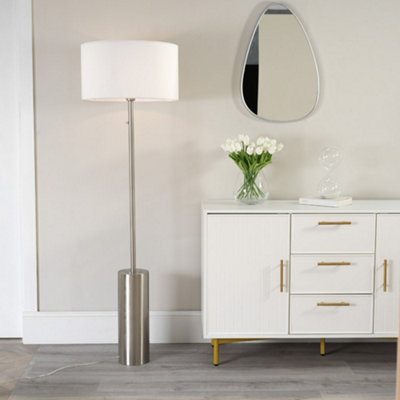 ValueLights Lexy Brushed Chrome Rotary Dimmer Switch Floor Lamp with White Drum Shade - LED Bulb Included