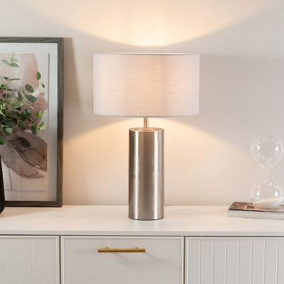 ValueLights Lexy Brushed Chrome Touch Table Lamp with Grey Drum Shade - LED Bulb Included