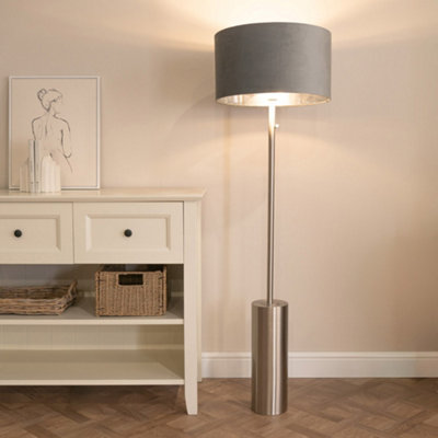 ValueLights Lexy Chrome Dimmable Floor Lamp with Grey Velvet with Chrome Inner Lamp Shade and LED Bulb