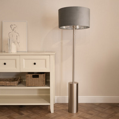 ValueLights Lexy Chrome Dimmable Floor Lamp with Grey Velvet with Chrome Inner Lamp Shade and LED Bulb