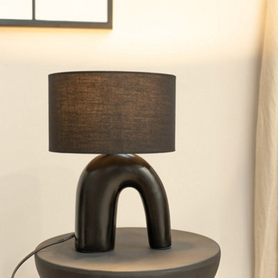ValueLights Lia Black Fabric Drum Lamp Shade Black Arch Abstract Ceramic Table Lamp