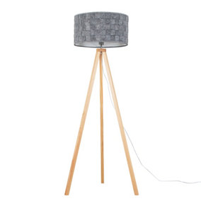 ValueLights Light Wood Tripod Design Floor Lamp With Grey Felt Weave Design Cylinder Light Shade