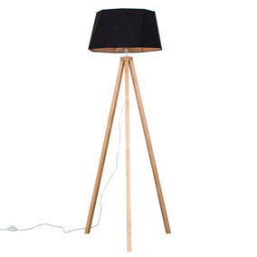 ValueLights Light Wood Tripod Design Floor Lamp With Matt Black Copper Geometric Shade
